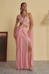 Shop_Jade By Ashima_Pink Organza Rosebud Embellished Twisted Pallu Pre-draped Saree With Blouse _at_Aza_Fashions