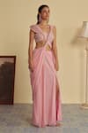 Shop_Jade By Ashima_Pink Organza Rosebud Embellished Twisted Pallu Pre-draped Saree With Blouse _Online_at_Aza_Fashions