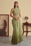 Buy_Jade By Ashima_Green Organza Embroidery Glass Bead Tassel Halter Neck Ivy Veil Ombre Saree Set _at_Aza_Fashions