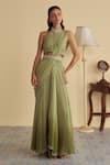 Jade By Ashima_Green Organza Embroidery Glass Bead Tassel Halter Neck Ivy Veil Ombre Saree Set _Online_at_Aza_Fashions