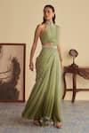 Buy_Jade By Ashima_Green Organza Embroidery Glass Bead Tassel Halter Neck Ivy Veil Ombre Saree Set _Online_at_Aza_Fashions