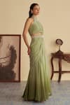 Shop_Jade By Ashima_Green Organza Embroidery Glass Bead Tassel Halter Neck Ivy Veil Ombre Saree Set _Online_at_Aza_Fashions