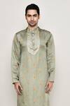Buy_Arihant Rai Sinha_Green Cotton, Silk Gota Patti Bullian Bloom Motif Print Kurta _Online_at_Aza_Fashions