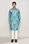 Arihant Rai Sinha_Blue Cotton, Silk Embroidery, Gota Patti Floral Mughal Print Kurta _Online_at_Aza_Fashions