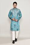 Arihant Rai Sinha_Blue Cotton, Silk Embroidery, Gota Patti Floral Mughal Print Kurta _at_Aza_Fashions