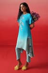 Buy_Kavitha Gutta_Blue Pure Crepe Embroidery Floral Scalloped Round Azure Ombre Kurta With Pant _at_Aza_Fashions