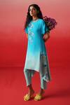 Shop_Kavitha Gutta_Blue Pure Crepe Embroidery Floral Scalloped Round Azure Ombre Kurta With Pant _Online_at_Aza_Fashions