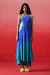 Buy_Kavitha Gutta_Blue Pure Crepe Embroidery Iris One Shoulder Neck Celestial Blossom Ombre Dress _at_Aza_Fashions