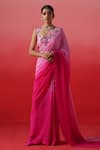 Buy_Kavitha Gutta_Pink Pure Crepe Embroidery Magnolia Cutwork Border Ombre Saree With Blouse _at_Aza_Fashions