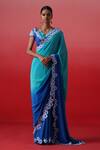 Buy_Kavitha Gutta_Blue Pure Crepe Embroidery Ocean Bloom Border Ombre Saree With Blouse _at_Aza_Fashions