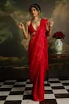 Shop_Kavitha Gutta_Red Pure Satin Embroidery Floral Halter Neck Scarlet Shine Saree With Blouse _at_Aza_Fashions