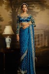 Shop_Kavitha Gutta_Blue Organza Embroidery Floral Queen Anne Whispers Resham Saree With Blouse _at_Aza_Fashions