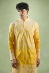 Aryavir Malhotra_Yellow Soft Cotton Shaded Thread Blossom Embroidered Kurta _at_Aza_Fashions