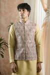 Buy_Aryavir Malhotra_Brown Soft Cotton Embroidery Thread Mahal And Sequin Bundi _at_Aza_Fashions