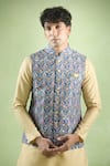 Aryavir Malhotra_Blue Bundi Soft Cotton Threadwork Floral Kurta Set _Online_at_Aza_Fashions