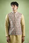 Aryavir Malhotra_Brown Bundi Soft Cotton Threadwork Floral Scallop Kurta Set _Online_at_Aza_Fashions