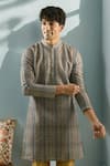 Buy_Aryavir Malhotra_Grey Soft Cotton Threadwork Stripe Pattern Kurta _at_Aza_Fashions