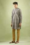 Aryavir Malhotra_Grey Soft Cotton Threadwork Stripe Pattern Kurta _at_Aza_Fashions