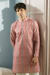 Buy_Aryavir Malhotra_Pink Soft Cotton Threadwork Stripe Pattern Kurta _at_Aza_Fashions