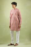 Shop_Aryavir Malhotra_Pink Soft Cotton Threadwork Stripe Pattern Kurta _Online_at_Aza_Fashions