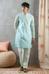 Buy_Aryavir Malhotra_Blue Kurta Silk Printed Floral Placement Set _at_Aza_Fashions