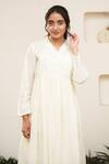 OurDve_Beige Cotton Embroidered Pearl V Neck Embellished Wrap Midi Dress _Online_at_Aza_Fashions