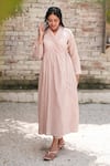 Buy_OurDve_Pink Cotton Embroidered Pearl V Neck Embellished Midi Dress _at_Aza_Fashions