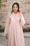 OurDve_Pink Cotton Embroidered Pearl V Neck Embellished Midi Dress _Online_at_Aza_Fashions