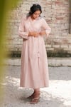 Buy_OurDve_Pink Cotton Embroidered Pearl V Neck Embellished Midi Dress _Online_at_Aza_Fashions