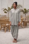 OurDve_Grey Cotton Mandarin Collar Plain Top And Draped Skirt Set _at_Aza_Fashions