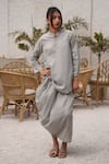 Buy_OurDve_Grey Cotton Mandarin Collar Plain Top And Draped Skirt Set 