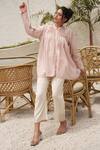 Shop_OurDve_Pink Cotton Mandarin Collar Pleated Top And Pant Set _at_Aza_Fashions