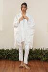 OurDve_White Cotton Embroidered Lace Top Square V Asymmetric Cape Pant Set _Online_at_Aza_Fashions