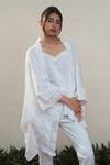 Shop_OurDve_White Cotton Embroidered Lace Top Square V Asymmetric Cape Pant Set 