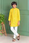 Buy_Free Sparrow_Yellow Dupion Silk Embroidery Thread Kurta With Pyjama _at_Aza_Fashions