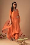 Buy_Cupid Cotton_Orange Chanderi Silk Embroidery Resham Plunge Noor Asymmetric Kurta And Pant Set _at_Aza_Fashions