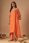 Cupid Cotton_Orange Chanderi Silk Embroidery Resham Plunge Noor Asymmetric Kurta And Pant Set _Online_at_Aza_Fashions