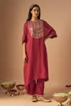 Buy_Cupid Cotton_Red Chanderi Silk Embroidery Resham Round Aaina Asymmetric Kurta With Pant _at_Aza_Fashions