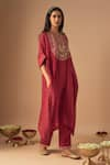 Buy_Cupid Cotton_Red Chanderi Silk Embroidery Resham Round Aaina Asymmetric Kurta With Pant _Online_at_Aza_Fashions