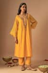 Buy_Cupid Cotton_Yellow Chanderi Silk Embroidery Resham Leaf Jhilmil Pitta Kurta And Pant Set _Online_at_Aza_Fashions