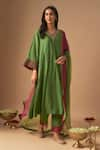 Buy_Cupid Cotton_Green Chanderi Silk Embroidery Resham V-neck Gul A-line Kurta And Pant Set _at_Aza_Fashions