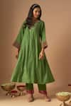 Cupid Cotton_Green Chanderi Silk Embroidery Resham V-neck Gul A-line Kurta And Pant Set _Online_at_Aza_Fashions