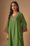 Shop_Cupid Cotton_Green Chanderi Silk Embroidery Resham V-neck Gul A-line Kurta And Pant Set _Online_at_Aza_Fashions