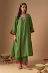 Cupid Cotton_Green Chanderi Silk Embroidery Resham V-neck Gul A-line Kurta And Pant Set _at_Aza_Fashions