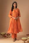 Cupid Cotton_Orange Chanderi Silk Embroidery Resham Leher Kediyu Gathered Kurta And Pant Set _Online_at_Aza_Fashions