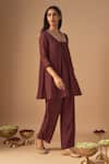 Buy_Cupid Cotton_Maroon Chanderi Silk Embroidery Resham V-neck Afrin Short Tunic With Pant _at_Aza_Fashions