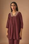 Buy_Cupid Cotton_Maroon Chanderi Silk Embroidery Resham V-neck Afrin Short Tunic With Pant _Online_at_Aza_Fashions