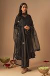 Buy_Cupid Cotton_Black Cotton Silk Embroidery Jaal V-neck Shabnam A-line Kurta And Pant Set _at_Aza_Fashions