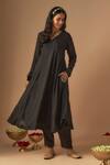 Cupid Cotton_Black Cotton Silk Embroidery Jaal V-neck Shabnam A-line Kurta And Pant Set _at_Aza_Fashions