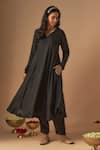 Buy_Cupid Cotton_Black Cotton Silk Embroidery Jaal V-neck Shabnam A-line Kurta With Pant _at_Aza_Fashions